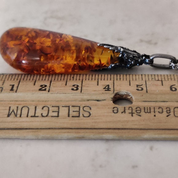 Art Nouveau Style Amber Pendant Silver Necklace - Picture 6 of 14